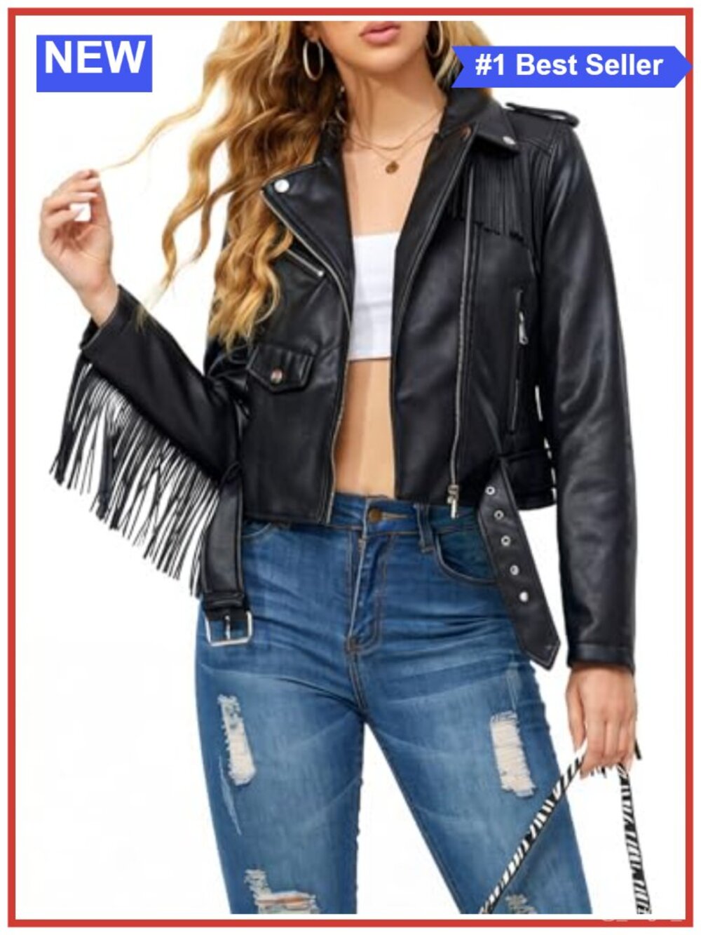 Faux Leather Moto Jacket Belted Tassel Fringe Trim